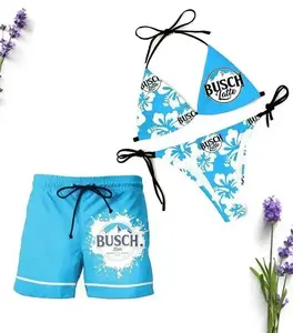 Buschh Latte Blue Swimwear Set for Couples -Swim Bra & Tie Side Bikini + Men's Beach Shorts, Summer Vacation Swimsuit, Hawaiian Shirt Style, Aloha Beach Outfit, Casual Holiday Bathing Suits, Menswear & Womenswear
