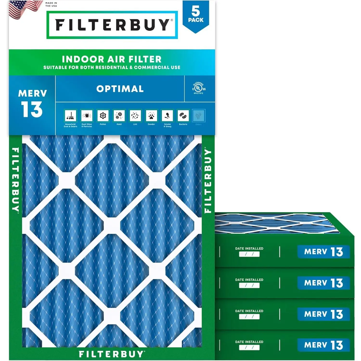 Filterbuy 24x36x2 HVAC AC Furnace Replacement Parts Air Filters (5-Pack), Pleated MERV 13 Optimal Defense (Actual Size: 23.75x35.75x1.75 in)