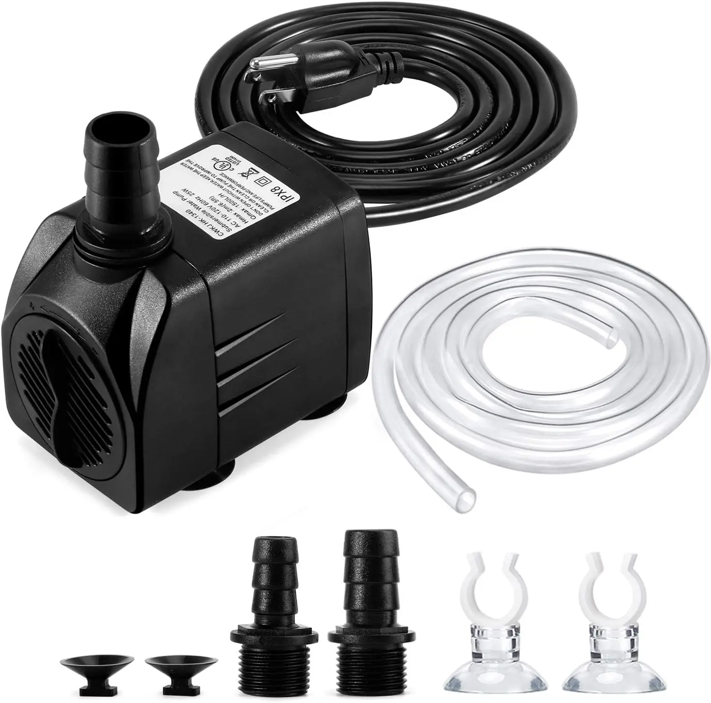 CWKJ Submersible Aquarium Pump - 400GPH (25W 1500L/H) Synthetic Durable Pump with 6.5ft 1/2-in ID Tubing, 3 Nozzles, 4 Rubber Suction Cups for Medium-Sized Aquarium, Small Pond, Water Garden, Tabletop/Desktop Fountains