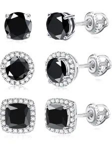 Shining 3 Pairs Brilliant Fashionable Earrings Studs for Women Men Copper Earrings with Screw Back Round Square Cubic Zirconia Screw Back Earrings Stud Earrings Jewelry