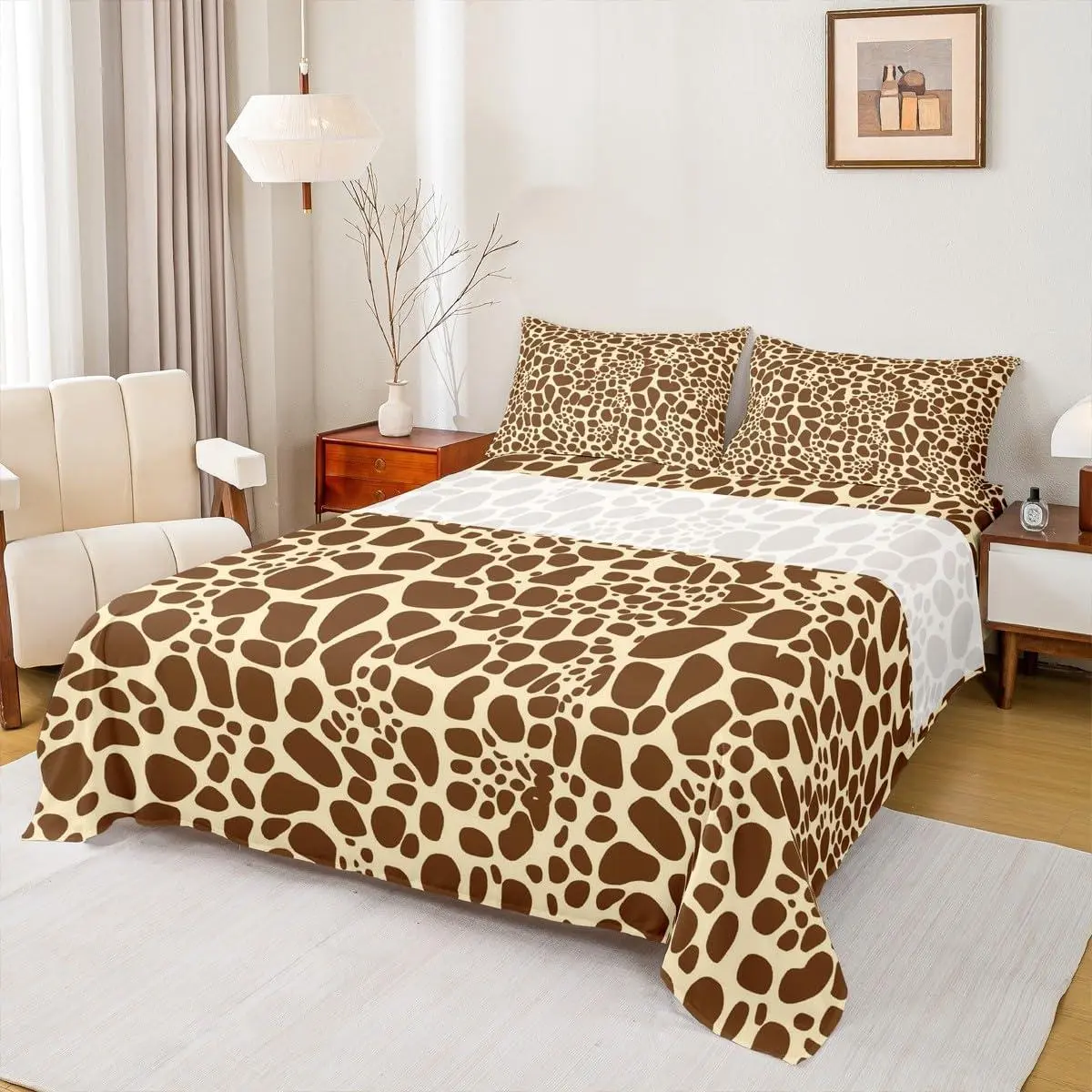 Giraffe Print Bed Sheets for Boys Girls Geometric Brown Giraffe Sheet Set,Wild Animal Theme Skin Pattern Sheets for Kids Teens Luxury (1 Flat Sheet,1 Fitted Sheet)