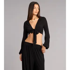Weekend Mood Long Sleeve Tie-Front Crop Top
