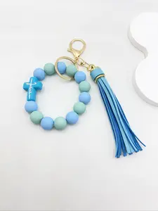 Silicone Beaded Keychain Bag Pendant with Tassels, Women's Wristlet Keyring for Car Keys, Handbags, Fashion Accessories, Various Colors Available