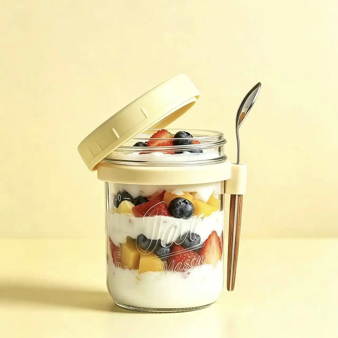 SHARLOVY 1 Pack Yellow 16oz Glass Overnight Oats Jars with Airtight Lids & Spoons, Wide Mouth, Clear Scale,  Refrigerator & Microwave Safe, Reusable for Oatmeal, Yogurt, Cereal, Fruit, Salad, Smoothies, Ideal for Office, School, Travel & Meal Prep