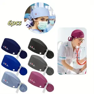 6 Pcs Scrub Caps Women Nursing Hats with Buttons Adjustable Bouffant Nurse Hats Ponytail Holder Bouffant