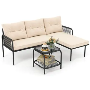 COSTWAY - 3-Piece L Shaped Patio Furniture Set PE Rattan Sectional Sofas-Beige