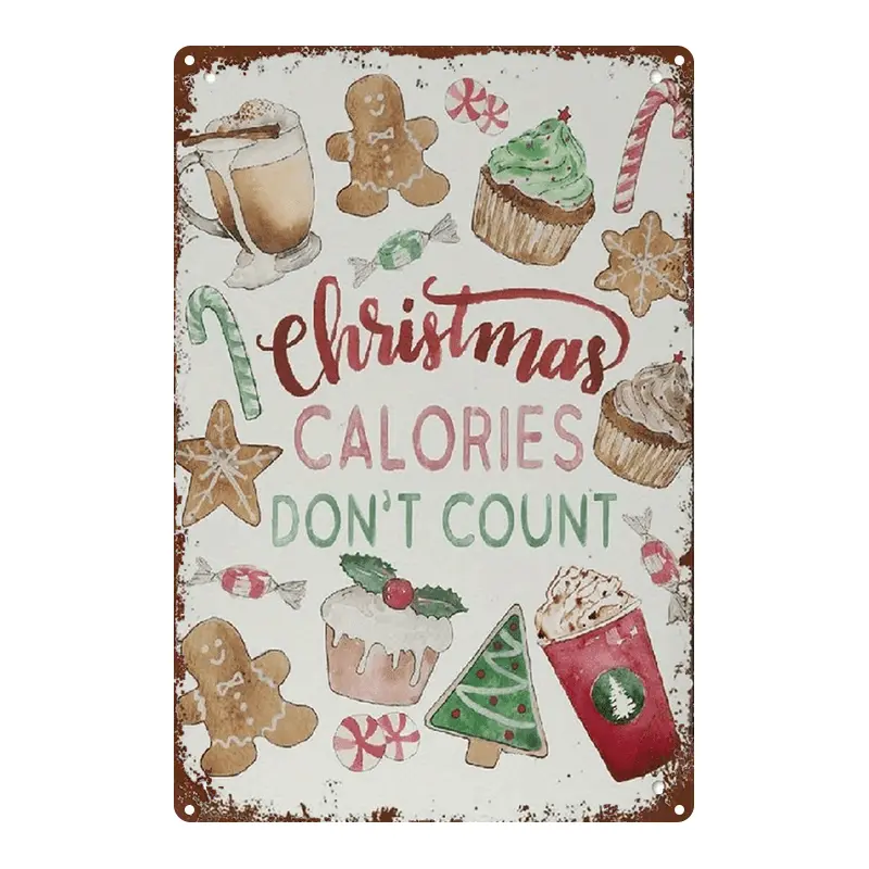 2D Flat, 1pc Vintage Christmas Metal Wall Art Sign - Gingerbread Men, Candy Canes, Cupcakes & Treats - Rustic Farmhouse Decor with "Christmas Calories Don't Count" - 8x12, Home, Office, Gym, Christmas Decorations, Festive Home Accent