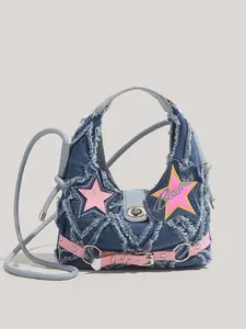 New Retro Y2K Hot Girl Washed Vintage Motorcycle Bag, Large Capacity Shoulder Crossbody Bag, Vintage Shoulder Purse, Casual Random Print, All Seasons