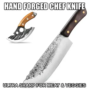 7.5 Inch Hand Forged Meat Cleaver Knife, 2PCS High Carbon Steel Ultra Sharp Chef Knife, Full Tang Butcher Cleaver for Cutting Meat, Vegetables and BBQ, Multipurpose Kitchen Knife for Camping, Outdoor Cooking and Gift for Him