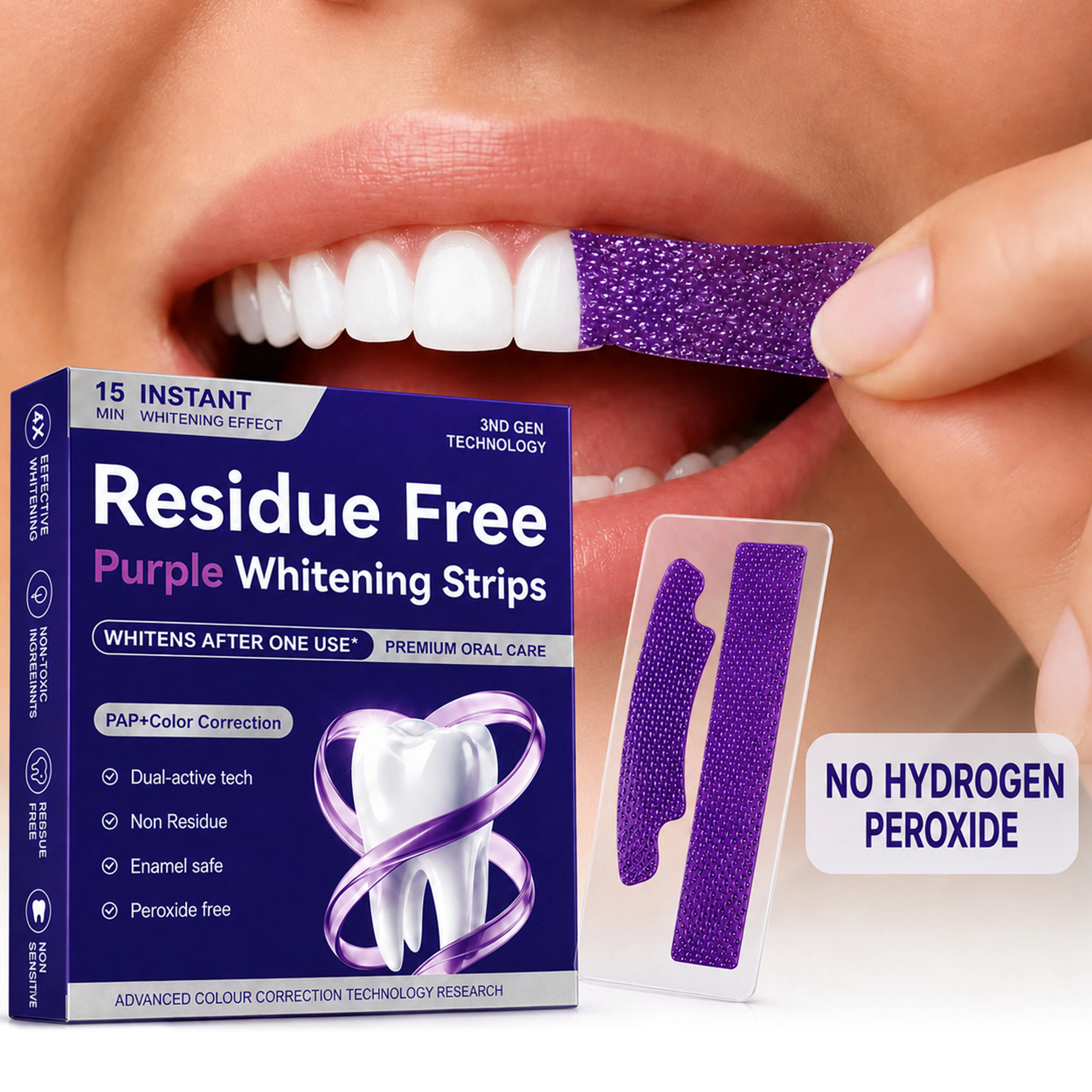 Purple Teeth Whitening Strips, PAP+ Color Correcting, Peroxide-Free & Enamel-Safe, Residue-Free 15-Min Teeth Whitening Routine, Easy At-Home & Travel Oral Care