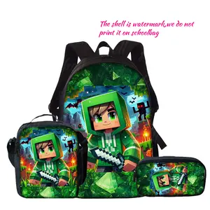 Minecraft Green Hoodie Skin 3-Piece Backpack Set, Pixel Adventure Print School Bag + Lunch Bag + Pencil Case, Oxford Cloth Adjustable Strap Daypack for Gamers & Kids