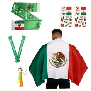 2026 Gear Fan Set, 7 Piece Mexico Flag Cape Costume - Includes Flag Cape, Soccer Scarf, Stickers, Horn, Thunder Sticks for Viewing Parties & Fan Gift