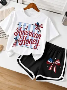 Girls' 2-Piece USA Independence Day Outfit, Short-Sleeve Top with Bow Cartoon Shorts, Children's Outdoor Casual Set