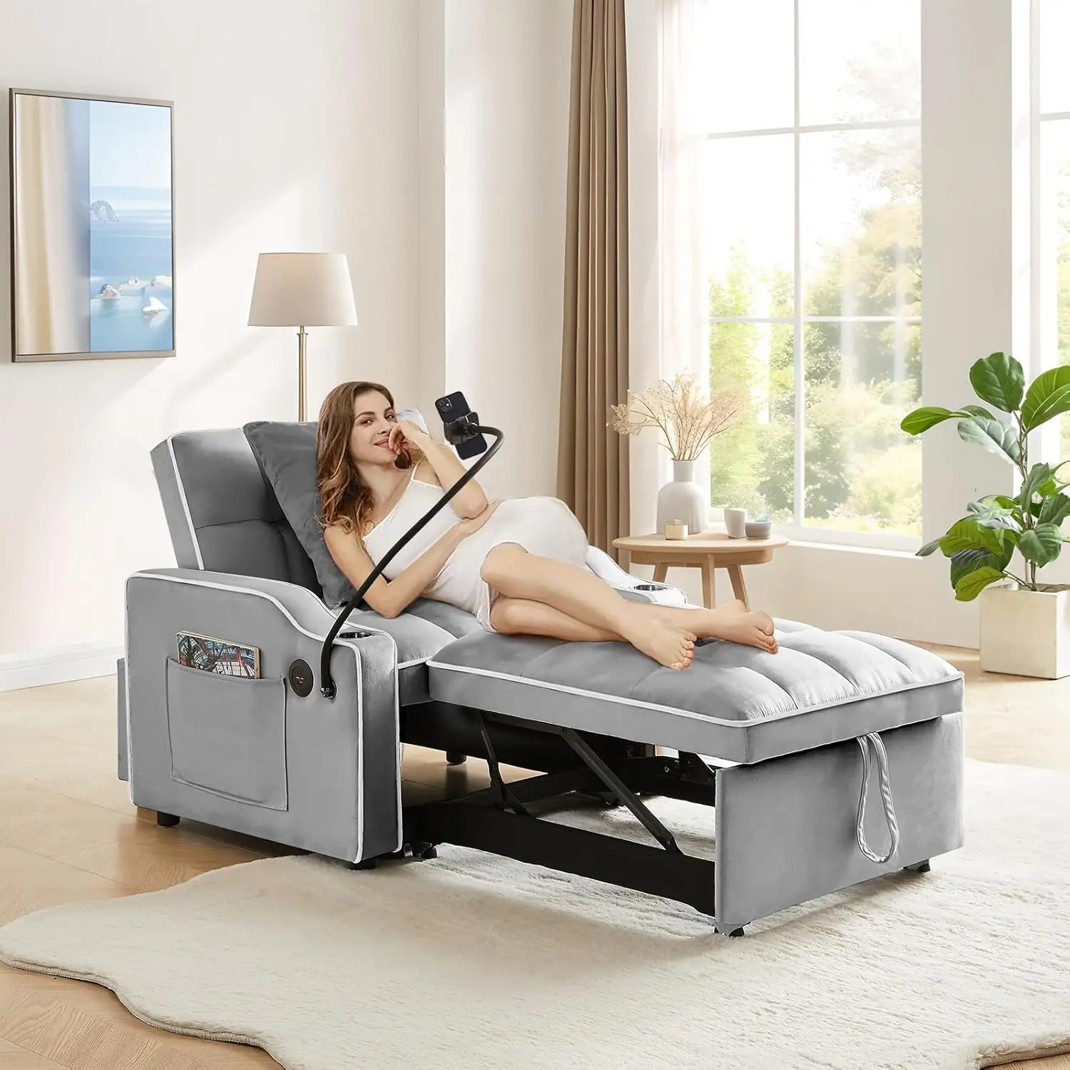 Convertible Sleeper Sofa Chair Bed, 3 in 1 Velvet Single Small Futon Sofa Bed with Phone Holder & USB Ports,Pull Out Couch Recliner with Adjustable Ba