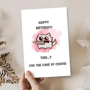 Sassy Cake Defender Card - Sunglasses-Wearing Cat Gripping Knife with 'FOR THE CAKE OF COURSE' Snarky Caption, Pink Watercolor Splash Background, Perfect for Birthday Roasts, Perfect Gift for Unfiltered Besties