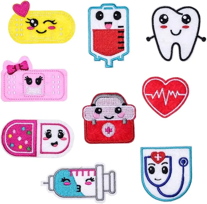 9 PCS Cartoon Adorable Nurse Doctor Embroidered Iron On Sew On Patch Hospital Series Clothing Accessories DIY