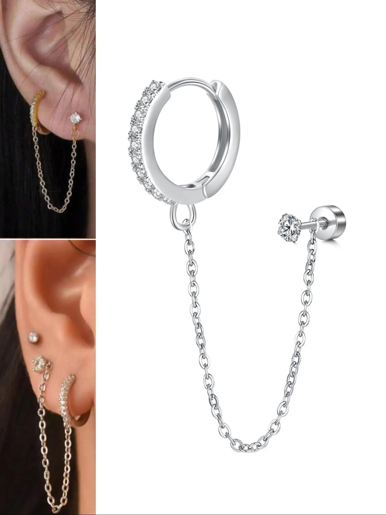 Stainless Steel Zircon Chain Earrings, Soft Ear Bone Studs with Cz Rhinestones, Cartilage Piercing Jewelry, Ear Cuffs, Unisex Body Accessories, Versatile Earrings