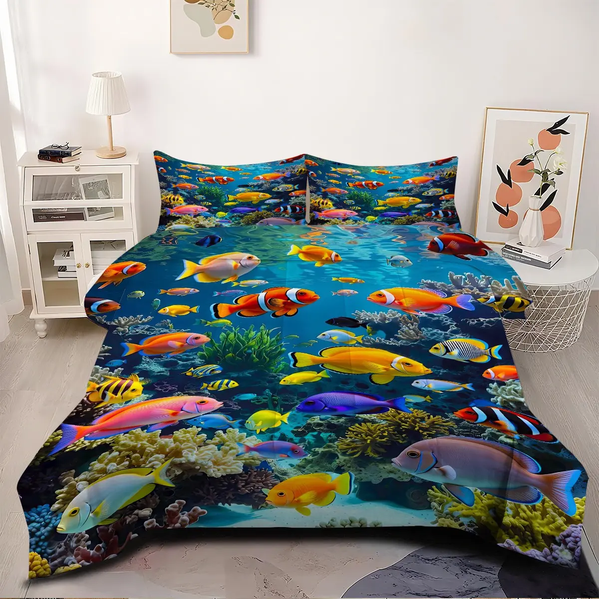 Underwater World Colorful 2/3pcs Comforter Set,Clownfish,Angelfish,Yellowtail Fish Alongside Coral Seaweed Designs Bedding Set Bedroom Decor, Perfect Decoration,Includ 1 or 2 Pillow Cases (No Pillow Insert)
