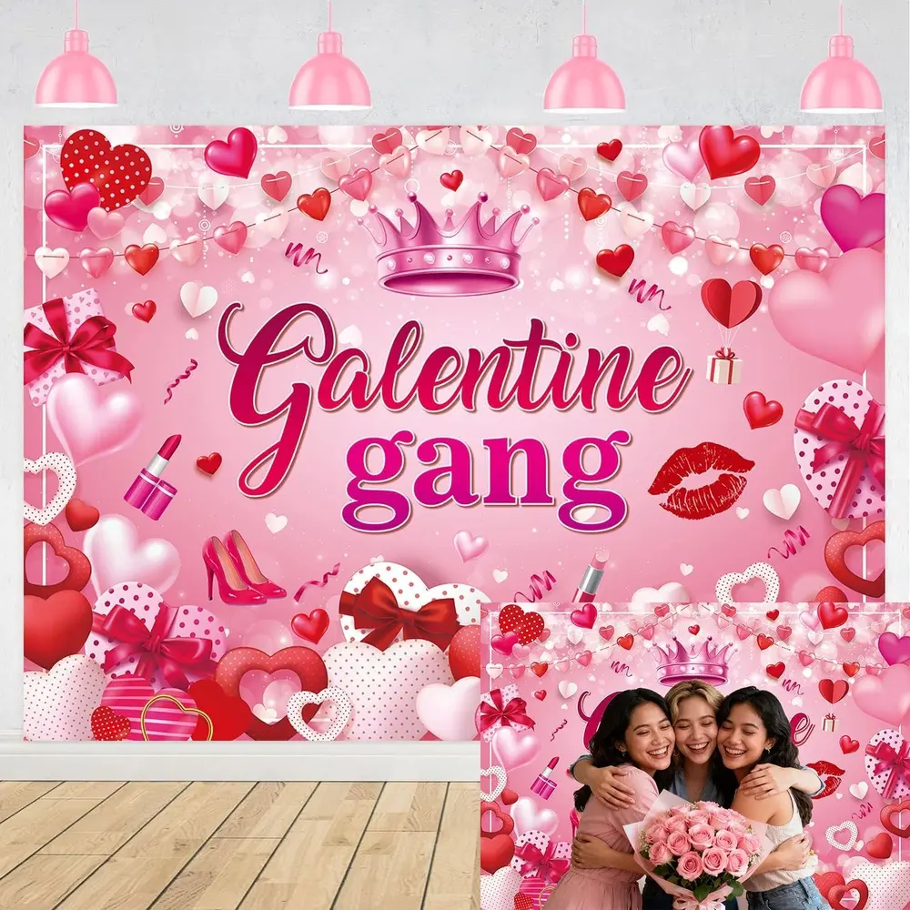 2D flat design, 1 piece of horizontal version of the "Galentines Day" backdrop, suitable for girls and women--pink heart and "Galentines" banner with the word "Galentines" written on it, skin-feel fabric for Valentine's Day party decoration, instant photo