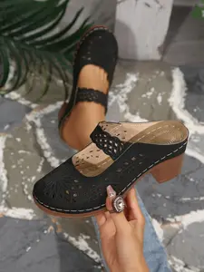 Comfortable Wide Fit Chunky Heel Slip-On Mules, Breathable Perforated Design, Soft Anti-Slip Mid-Heel Women's Shoes, Summer Travel Casual Mom Shoes