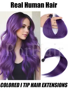 Colored Purple I Tip Human Hair Extensions Straight Microlink Micro Ring Human Hair Extensions Pink Blue Red Green Micro Bead Human Hair Extensions  For Women 50 Strands/pack