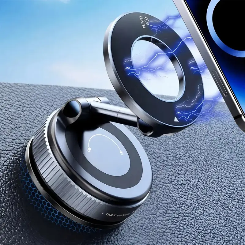 Car Phone Holder for Car - Premium Magnetic Hold Vehicle Mount with Vacuum Lock Suction System, Detachable Ring Holder, 360° Rotatable Adjustable Smartphone Stand for Vehicles, 360° Rotation