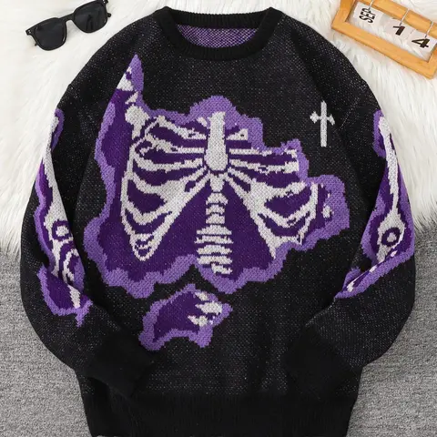 Men's Regular Fit Skeleton Print Round Neck Sweater Pullover, Graphic Sweater Top, Casual Comfy Long Sleeve Crew Neck Jumper for Daily Wear, Fashion Men's Knitwear for Fall & Winter, Tops