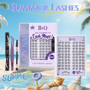 Idol Kit【Left & Right Lashes】B&Q No Lash Map Series Natural Look Individual Lash Kit,0.05mm Invisible Band Lightweight Lash Clusters,CC Curl for DIY Lashes Extension,Waterproof Bond Seal Week Lasting Vacation Lash #SummerVibes