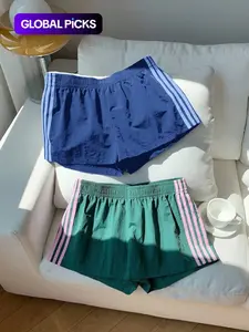 Women's Quick-Dry Breathable Sport Wide-Leg Shorts (1/2 pcs), Retro Casual Loose-Fit Elastic Waist Summer Shorts with Striped Pattern