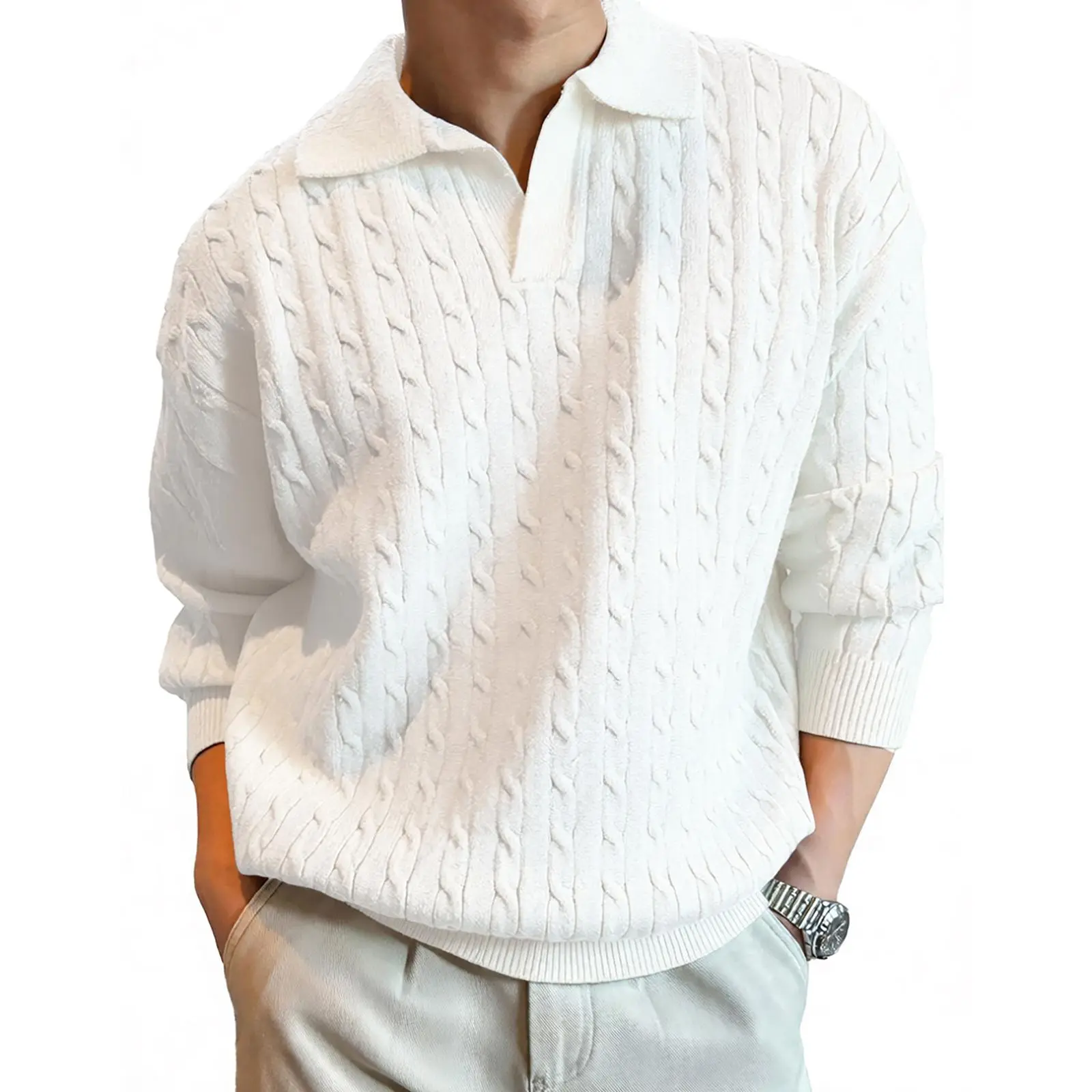 JMIERR Mens Casual Wool Blend Cable Knit Pullover Sweater Open Collar | Relaxed Fit, Ribbed Cuffs And Hem, Fall Winter Layering, Soft Warm Feel, Machine Wash