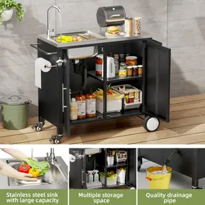 [NEW]Outdoor Grill Table with Sink, Grill Cart with 304 Stainless Steel Sink and Cabinet, Outdoor Grill Cart,Outdoor Cart Sink Station with Wheels,,Outdoor Cart Sink Station with Wheels