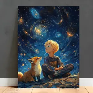 1 piece of charming night sky canvas art featuring a blonde boy and a fox - wooden frame, ready to hang - magical cosmic scene with rotating stars and planets - perfect for decorating rooms, bathrooms, kitchens or as a holiday gift, fox decoration