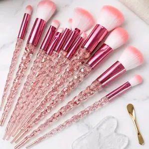 10pc Pink Glitter Makeup Brush Set with Spiral Crystal Handle for Aesthetic Makeup Application