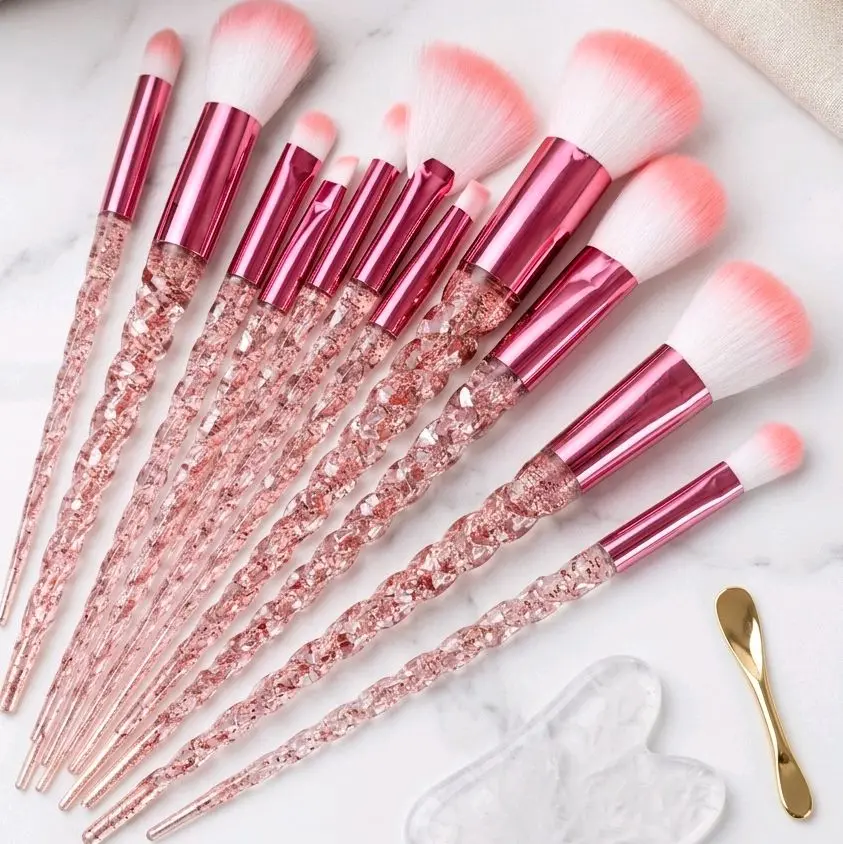 10pc Pink Glitter Makeup Brush Set with Spiral Crystal Handles for Aesthetic Looks, Face Makeup Application and Precision Use, Aesthetic Makeup
