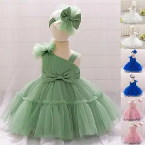 125 Sage Green Baby Girl Clothes Headband Bow Christening Cocktail Dress Toddler Pageant Ball Gown Elegant Princess Baptism 6M-3Y