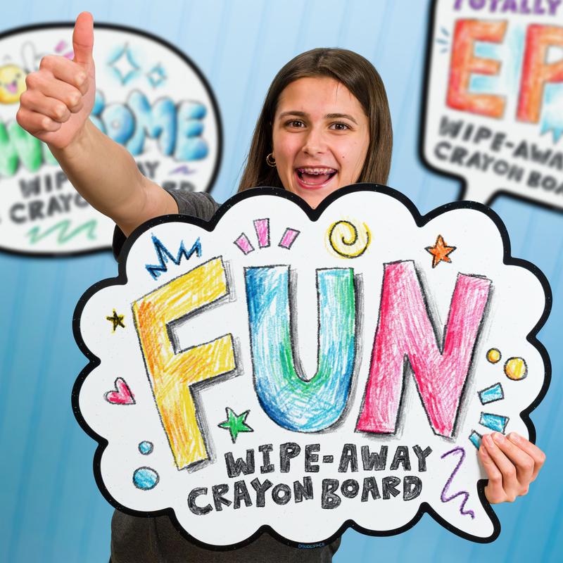 DoodleFace Wipe-Away Crayon Board - Your Dry-Erase Board Wishes It Was This Cool - Wall-Mount Speech Bubble Message Board with Crayons and Eraser. Snaps On & Off the Wall. Made in USA.