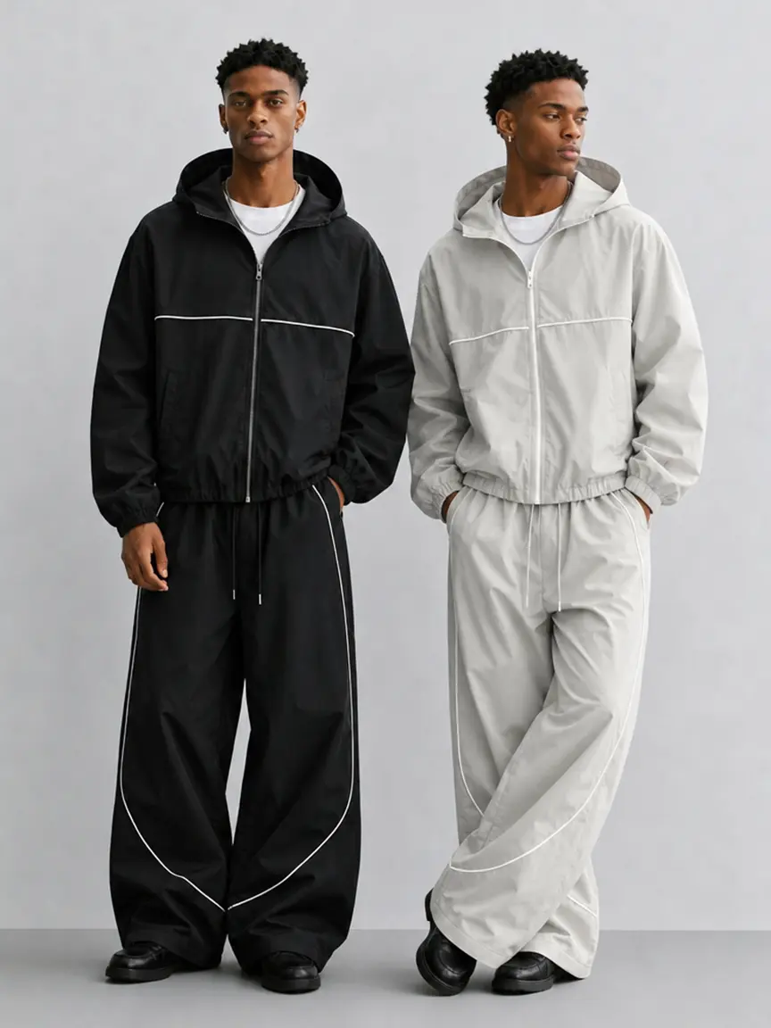 Men's 2-Piece Casual Menswear Clothes Set, Long Sleeve Zip-Up Hooded Jacket with Visible Topstitching & Pocket, Plain Wide-Leg Pants, Suitable for Spring & Autumn