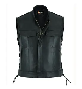 MEN’S LEATHER WAISTCOAT SONS OF ANARCHY “CUT OFF” BIKER SIDE LACED VEST SOA