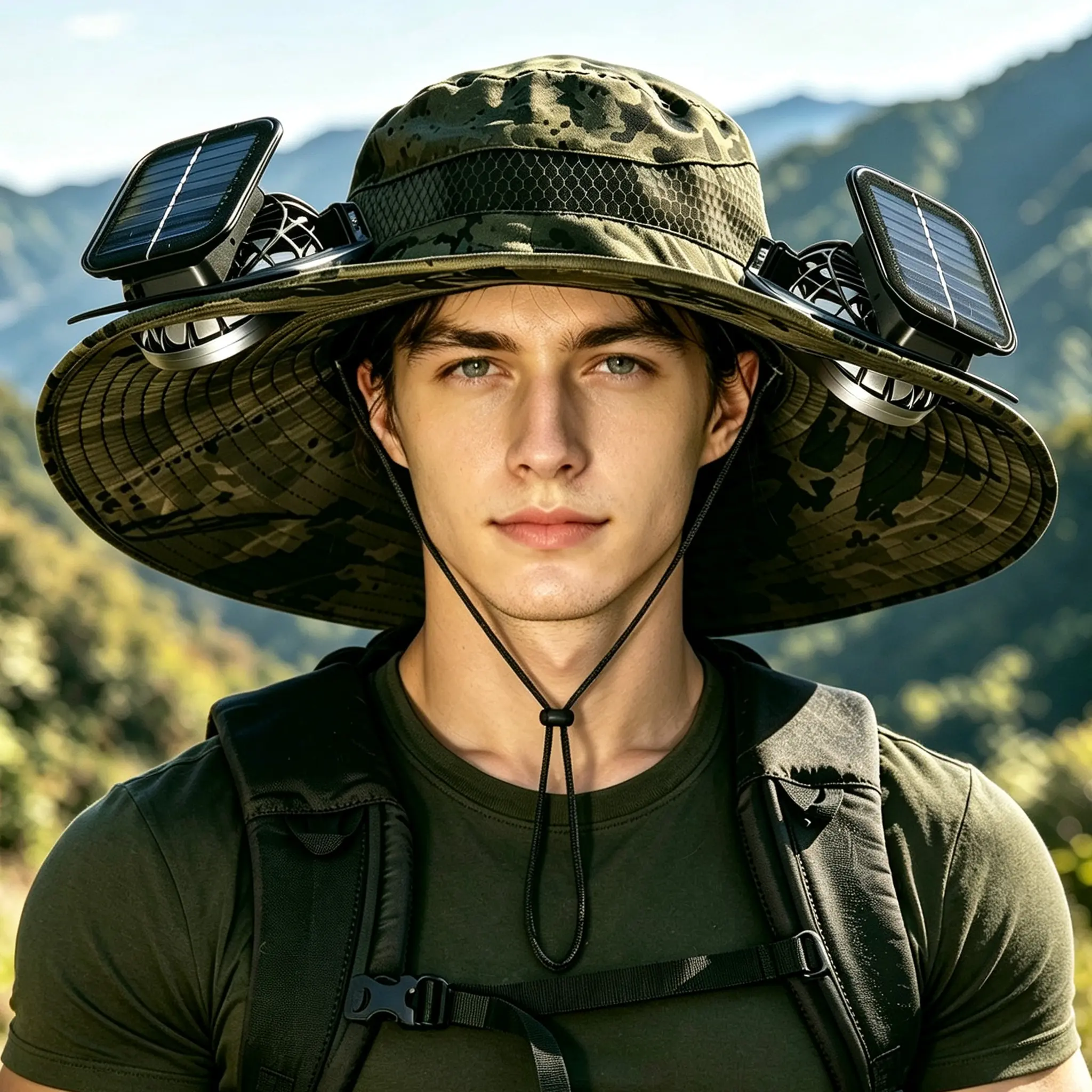 Solar Fan Hat - UPF 50+ Wide Brim Fishing Cap with2Adjustable Solar Fans, Waterproof Outdoor Sun Hat forMen& Women, Ideal for Hiking, Gardening, Camping