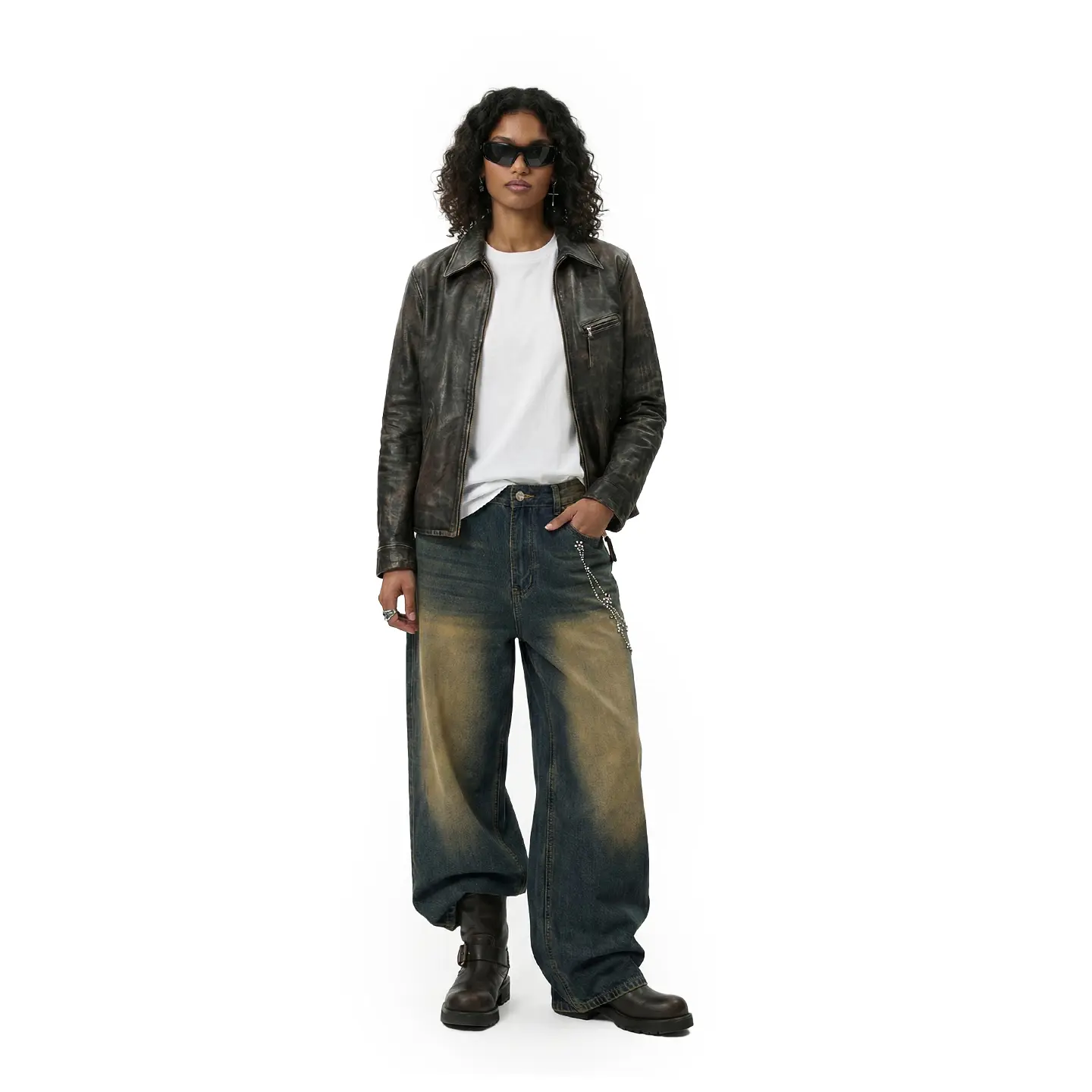 inflation Men's Vintage Streetwear Jeans with Rhinestone Chain, Straight-Leg Fit Cotton Polyester Blend Denim