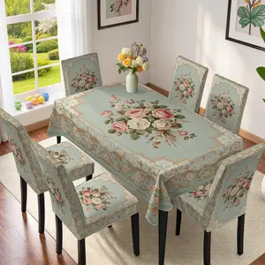 Vintage Elegant Rose Tablecloth Chair Set, Light Blue, Home Decor, All Seasons, 2/5/7 Pieces, Soft Fabric Kit