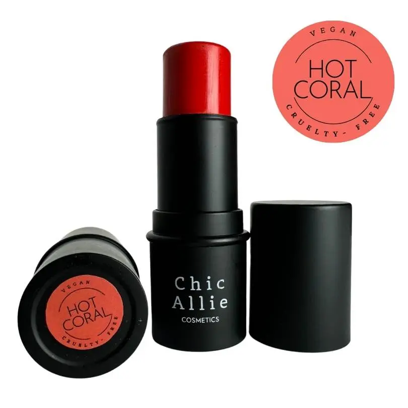 Chic Allie Multi Stick Blush Hot Coral - Waterproof, Vegan, Creamy Formula for Cheeks, Eyes, and Lips