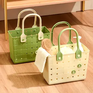 1pc Multi-Purpose Stylish Handheld Beach Bag, Waterproof Plastic Storage Basket, Portable Household Shopping Basket, Bathroom Organizer, Soft Handle Tote Bag, Outdoor Picnic Basket, Lightweight Practical Utility Bag, Reusable Multi-Function