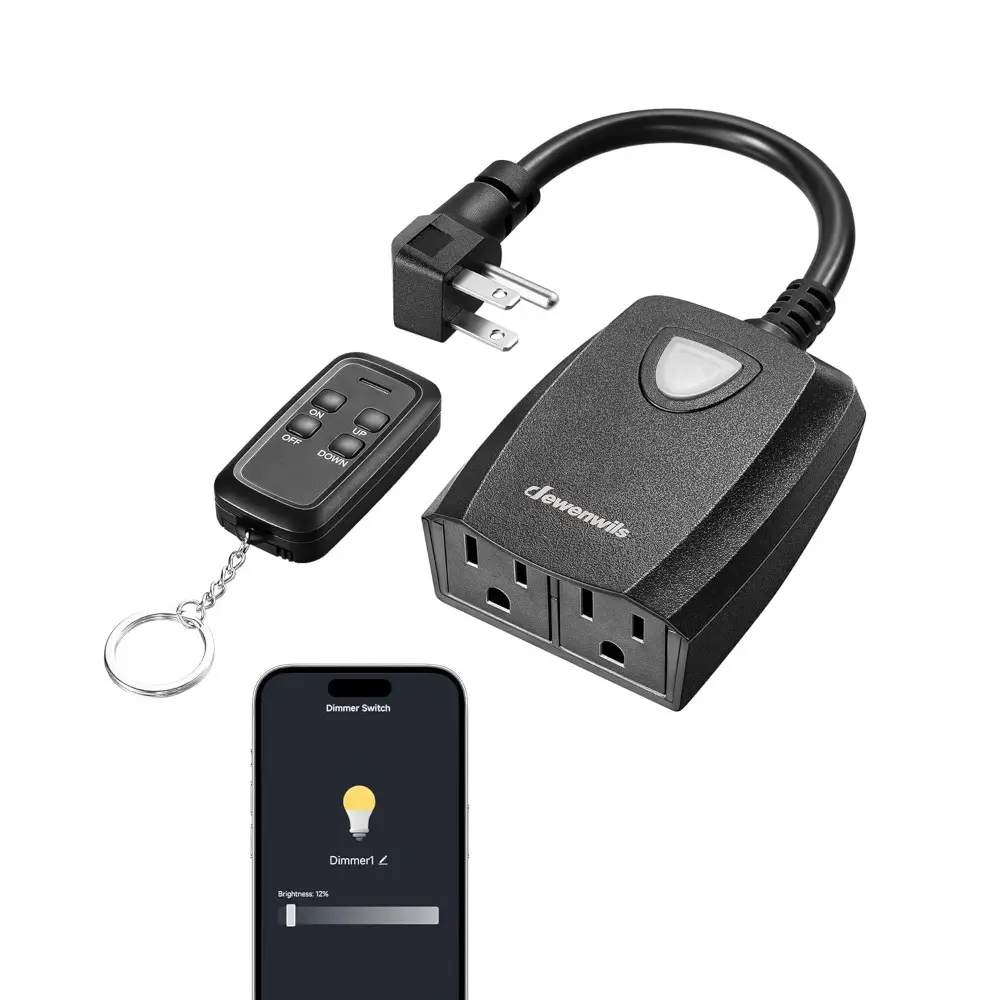 Smart Outdoor String Lights Dimmer Plug - Remote Control, 100FT Range, Alexa & Google Home Compatible, Waterproof, FCC Certified, For Dimmable LED/Tungsten Bulbs, Ideal for Holiday Decorations, Boosts Convenience of Automation & Energy Saving, App