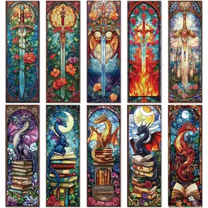 Sword Dragon Bookmark Gifts - 10 count Stained Glass Sword Transparent Bookmark Fantasy Dragon Flower Book Mark Page Clips Gifts for Women Men Book Lovers Teacher Student Bookish Reader