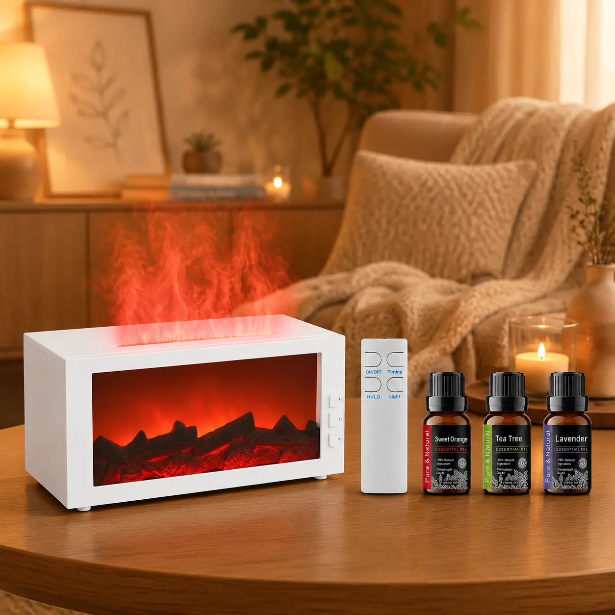 Household 300ml Fireplace Diffuser Humidifier, 7 Color Changing Lights, Remote Timer & Auto Shut-Off Aromatherapy Diffuser