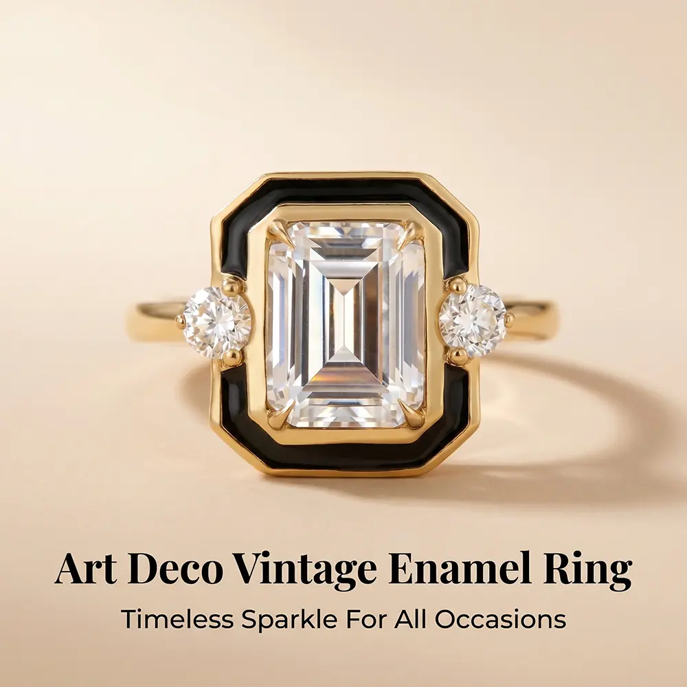 Art Deco style vintage emerald-cut cubic zirconia ring, black enamel halo, gold-plated three-stone engagement ring, vintage-style bridal jewelry