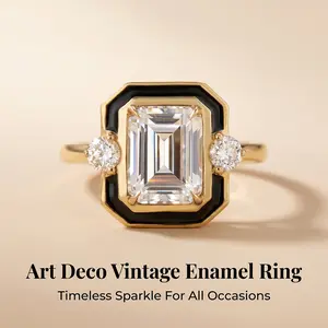 Art Deco style vintage emerald-cut cubic zirconia ring, black enamel halo, gold-plated three-stone engagement ring, vintage-style bridal jewelry
