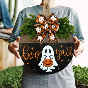 Halloween Front Door Decor Hangings, Pumpkin & Ghost Print Wooden Wreath, Home/Yard Welcome Sign, Fun Festival Decor & Gifts, Decoration
