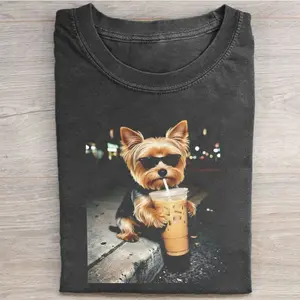 Yorkie Drinking Iced Coffee T-Shirt, Funny Yorkshire Tee, Coffee Lover Shirt, Cute Dogs Graphic Tee, Dog Meme Shirts